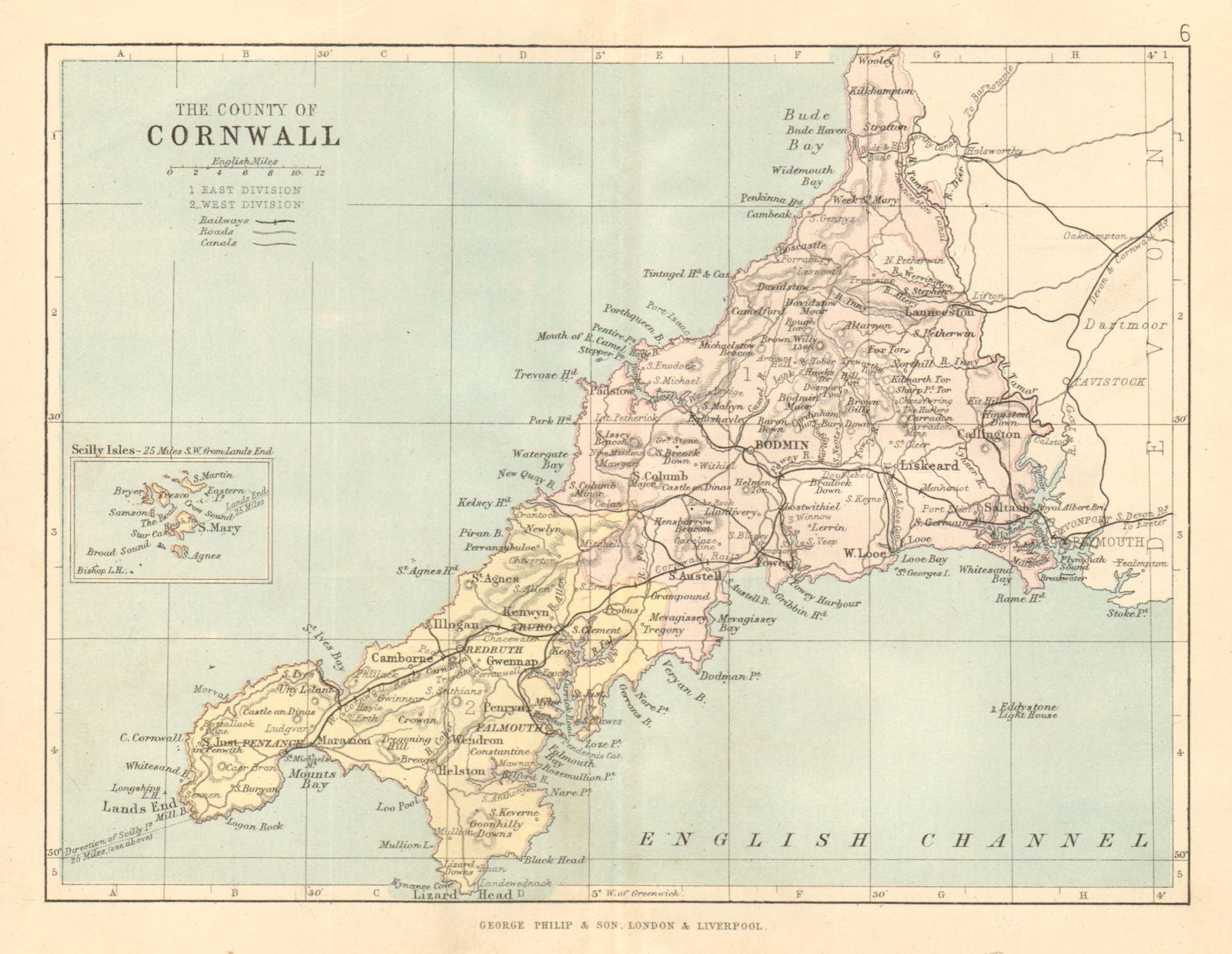 CORNWALL. Antique county map. Railways roads canals. Constituencies. PHILIP 1884